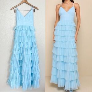 NWOT Radiant Event Light Blue Mesh Tiered Pleated Backless Maxi Dress